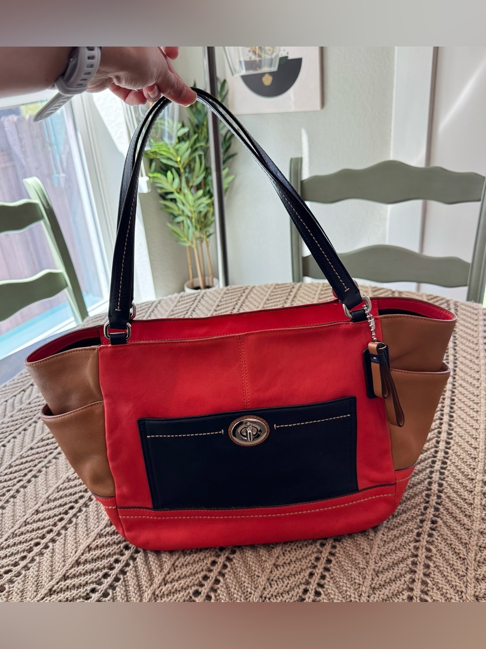 Coach Legacy Leather Tote Bag Red Tan Navy Colorblock Turnlock Shoulder Bag